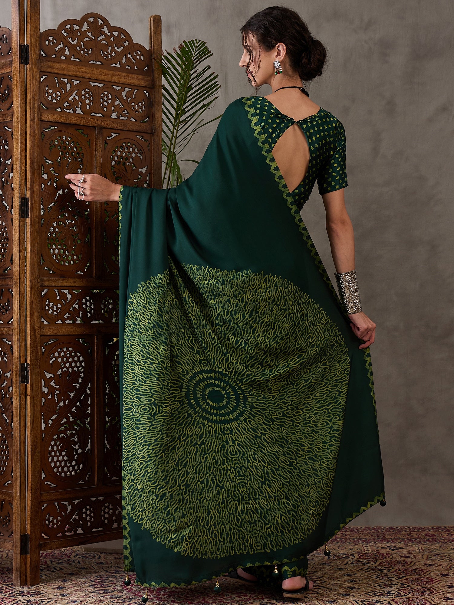 Green Pure Semi Modal Japan Silk Ajarkh Printed Saree ##color## Floral Printed Saree with premium fabric and embroidery