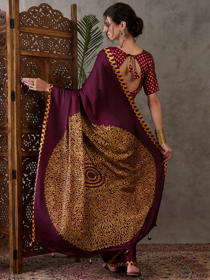 Maroon Pure Semi Modal Japan Silk Ajarkh Printed Saree 