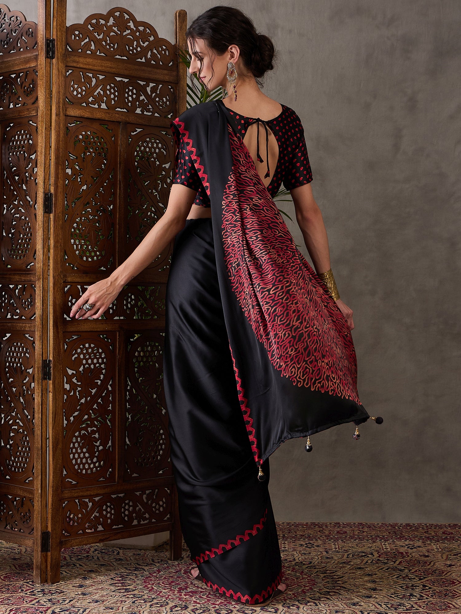 Black Pure Semi Modal Japan Silk Ajarkh Printed Saree 