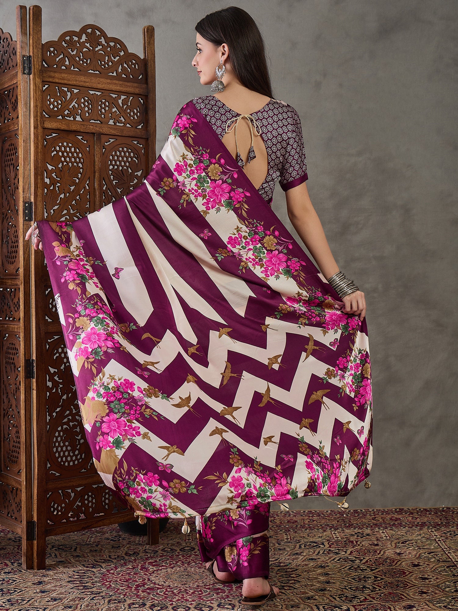 Purple Pure Semi Modal Japan Silk Ajarkh Printed Saree 