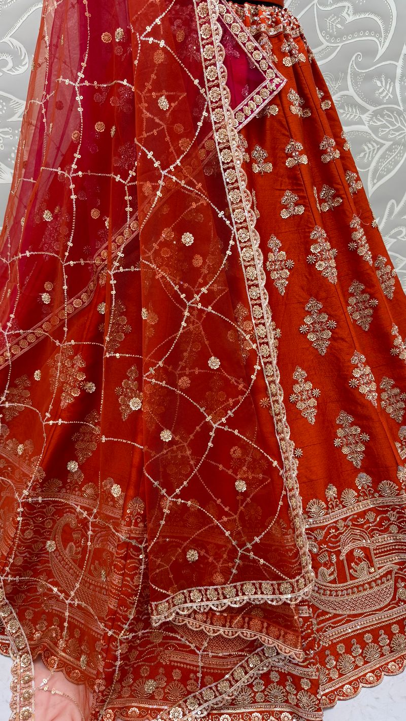 Orange Pure Soft Heavy Silk Sequins Embroidery Work Bridal Lehenga 