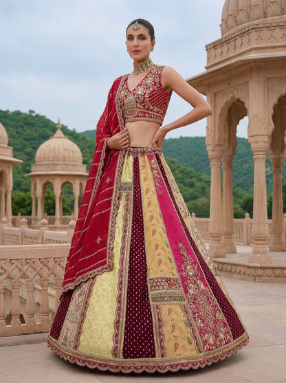 Multicolour Pure Soft Silk Heavy Embroidery Work Bridal Lehenga 