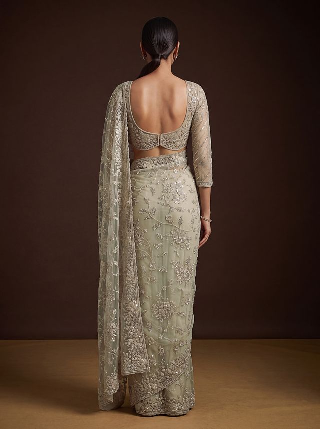 Beige Pure Premium Net Handwork Kasti &amp; Motif Zari Metallic Sequins Work Wedding Saree