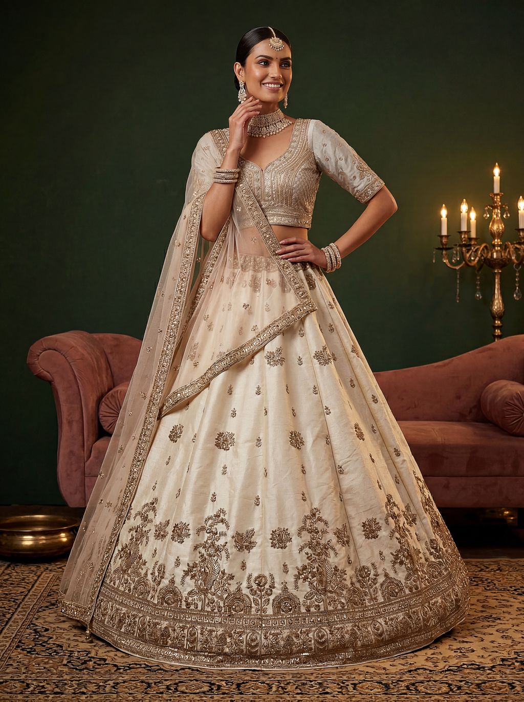 Off White Pure Soft Gadwal Silk Heavy Embroidery Work Bridal Lehenga Choli 