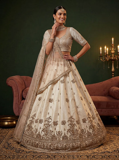 Off White Pure Soft Gadwal Silk Heavy Embroidery Work Bridal Lehenga Choli 