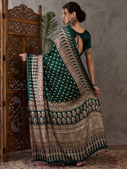 Green Pure Semi Modal Silk Floral Printed Saree 