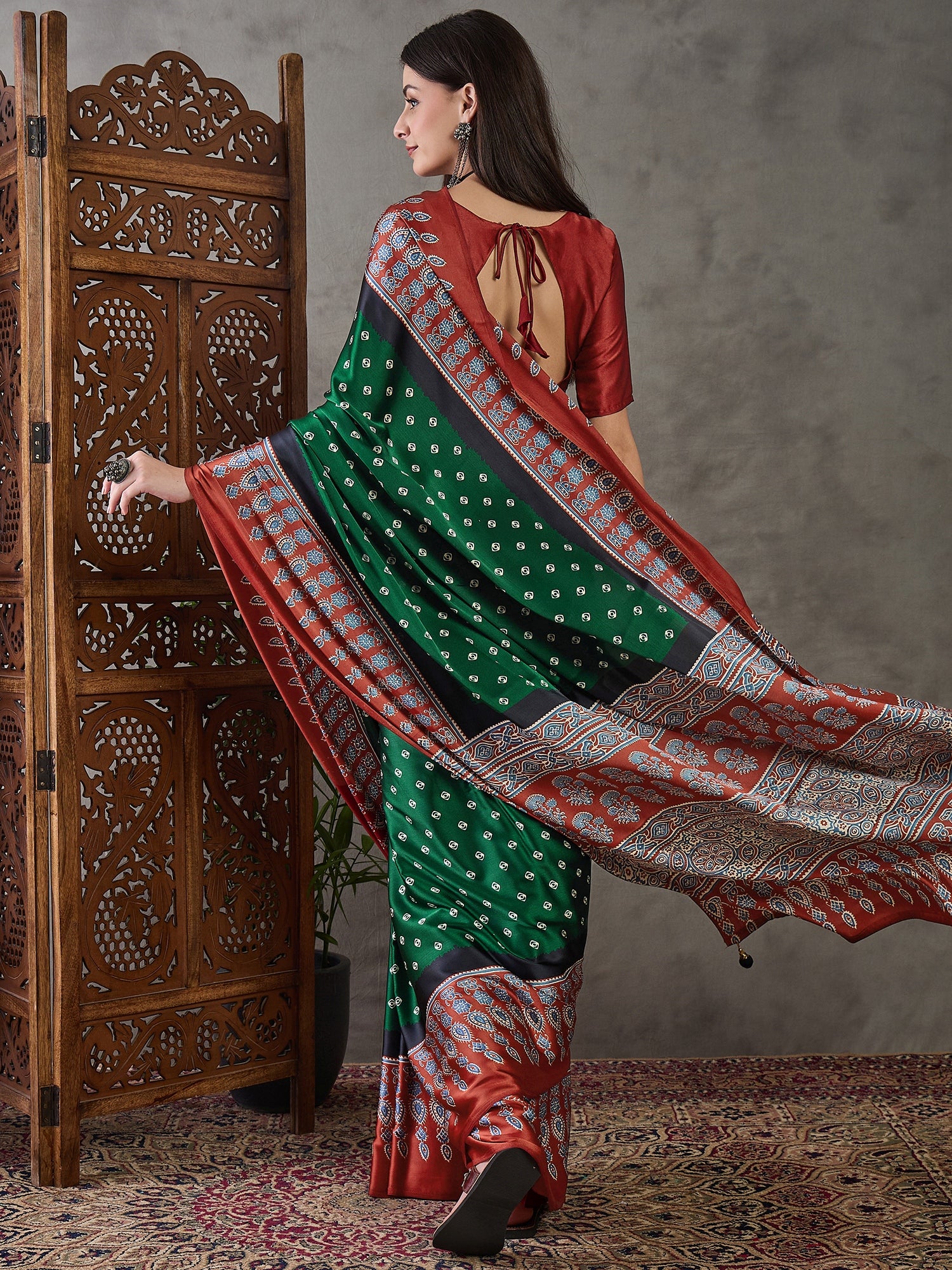 Green Pure Semi Modal Silk Ajarkh Printed Saree 
