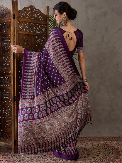 Purple Pure Semi Modal Silk Floral Printed Saree 