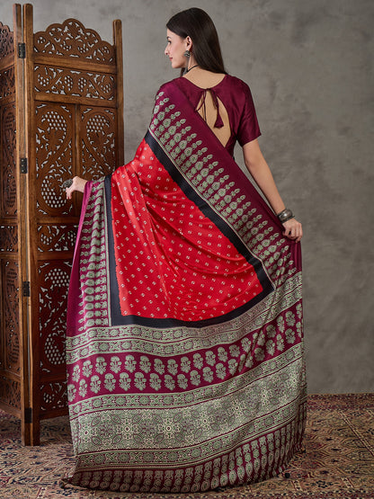 Red Pure Semi Modal Silk Ajarkh Printed Saree 