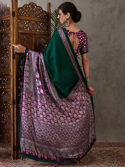 Emerald Green Semi Modal Traditional Printed Saree with Purple Border