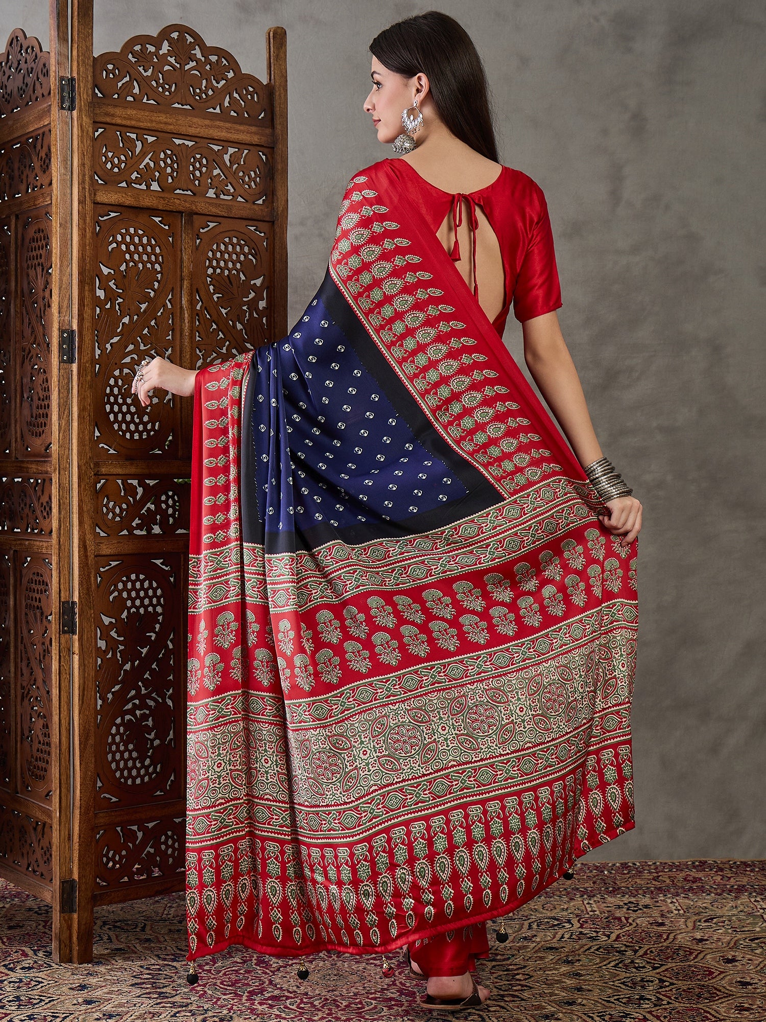 Blue Pure Semi Modal Silk Ajarkh Printed Saree