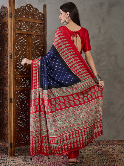 Blue Pure Semi Modal Silk Ajarkh Printed Saree