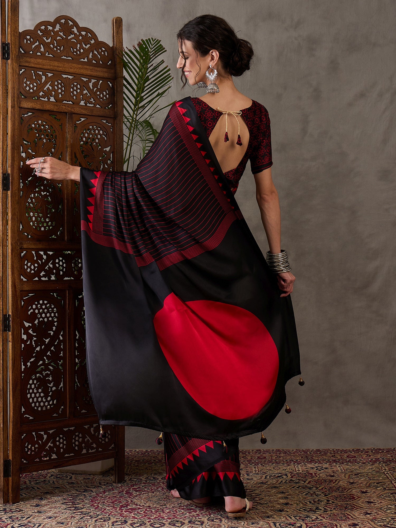 Black Pure Semi Modal Silk Ajarkh Printed Saree ##color## Floral Printed Saree with premium fabric and embroidery