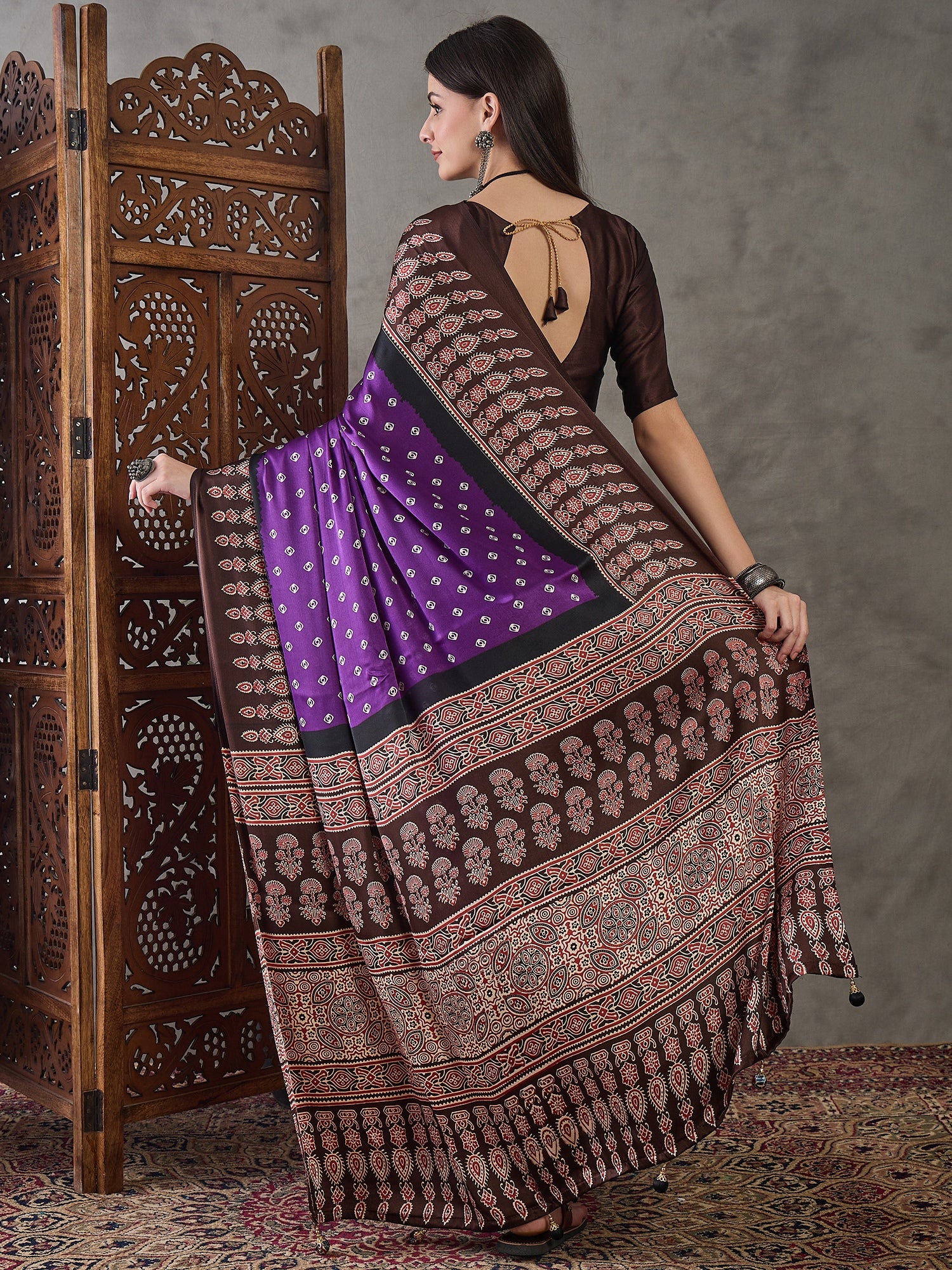 Violet Pure Semi Modal Silk Ajarkh Printed Saree 