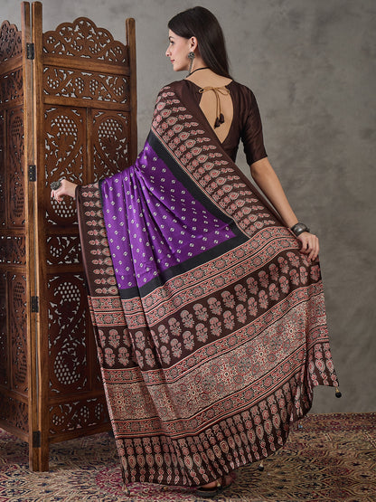 Violet Pure Semi Modal Silk Ajarkh Printed Saree 