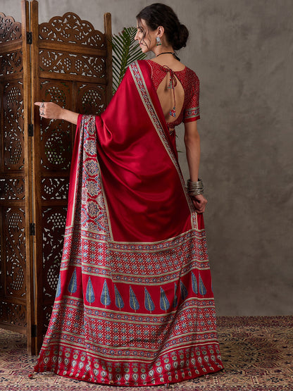 Red Pure Semi Modal Silk Floral Printed Saree 