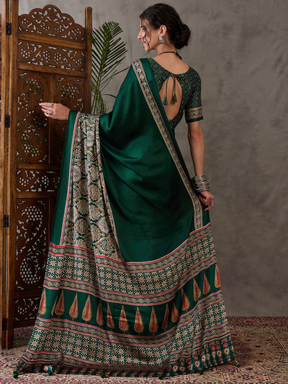 Green Pure Semi Modal Silk Floral Printed Saree 