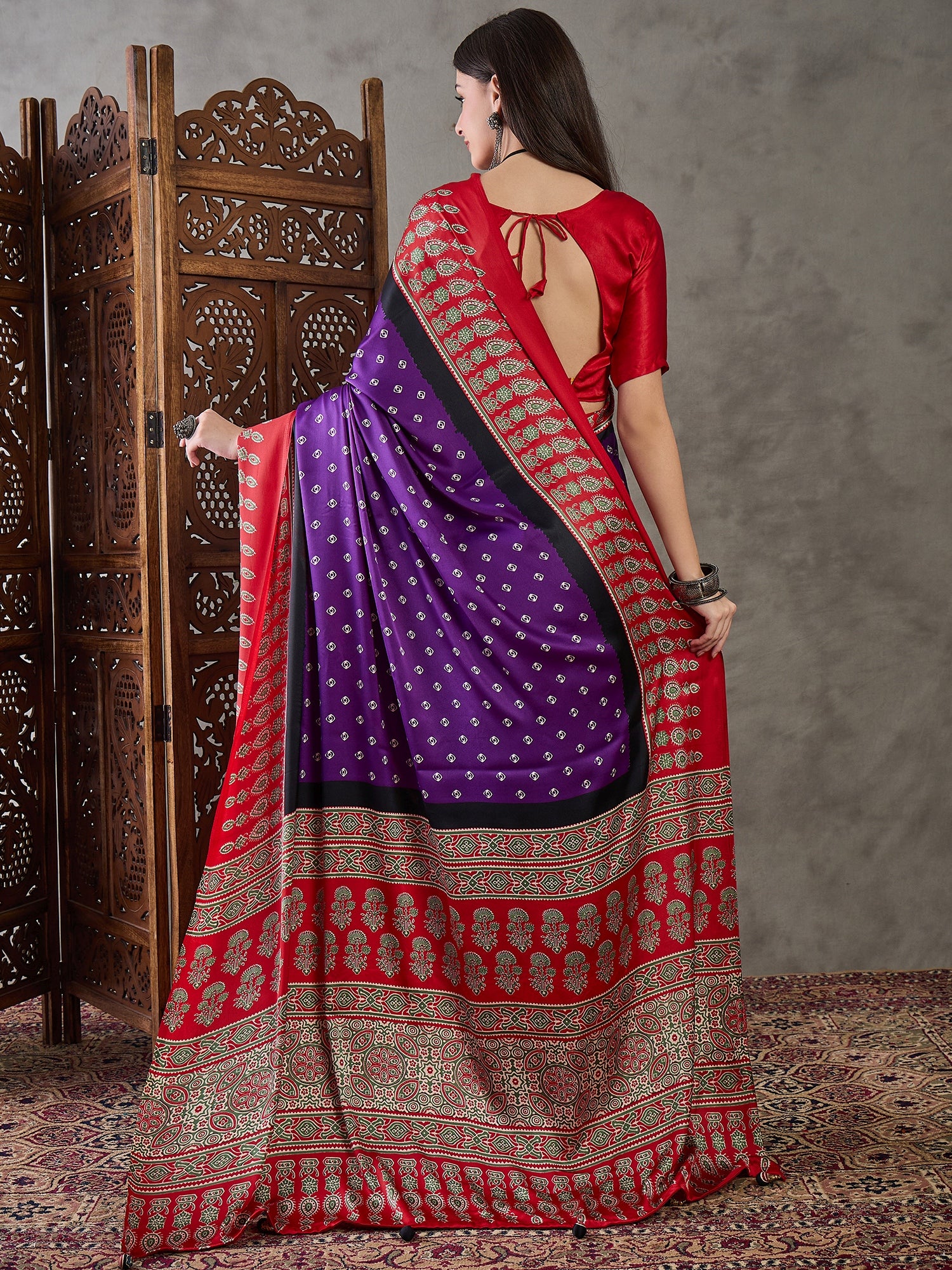 Purple Pure Semi Modal Silk Ajarkh Printed Saree ##color## Floral Printed Saree with premium fabric and embroidery