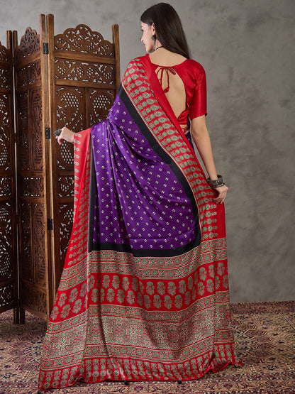 Purple Pure Semi Modal Silk Ajarkh Printed Saree 