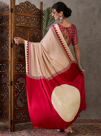 Cream Pure Semi Modal Silk Ajarkh Printed Saree 