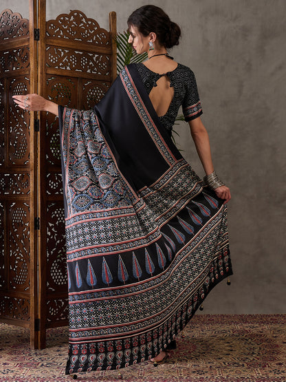 Black Pure Semi Modal Silk Floral Printed Saree 