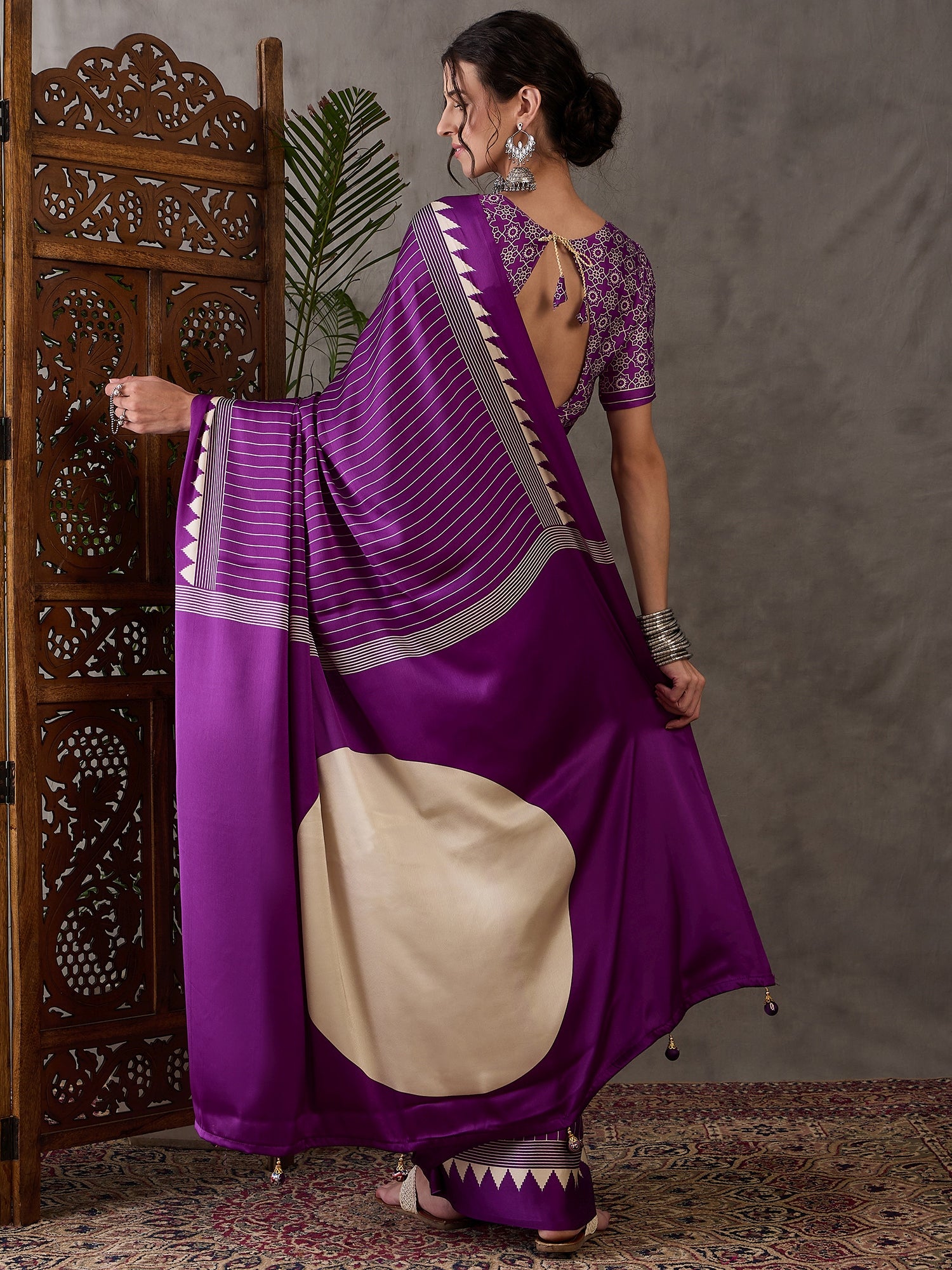 Purple Pure Semi Modal Silk Ajarkh Printed Saree ##color## Floral Printed Saree with premium fabric and embroidery