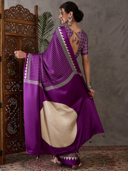 Purple Pure Semi Modal Silk Ajarkh Printed Saree 