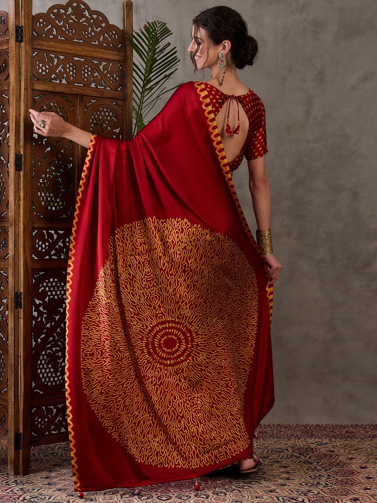 Red Pure Semi Modal Japan Silk Ajarkh Printed Saree ##color## Floral Printed Saree with premium fabric and embroidery