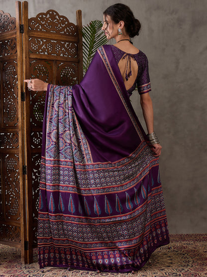 Purple Pure Semi Modal Silk Floral Printed Saree 