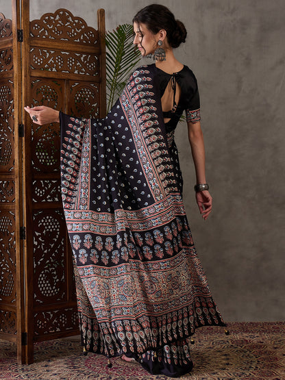 Black Pure Semi Modal Silk Floral Printed Saree 
