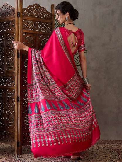 Pink Pure Semi Modal Silk Floral Printed Saree 