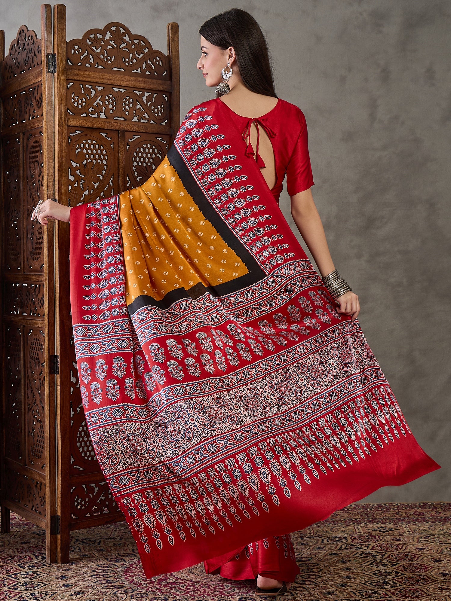 Mustard Pure Semi Modal Silk Ajarkh Printed Saree