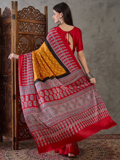 Mustard Pure Semi Modal Silk Ajarkh Printed Saree