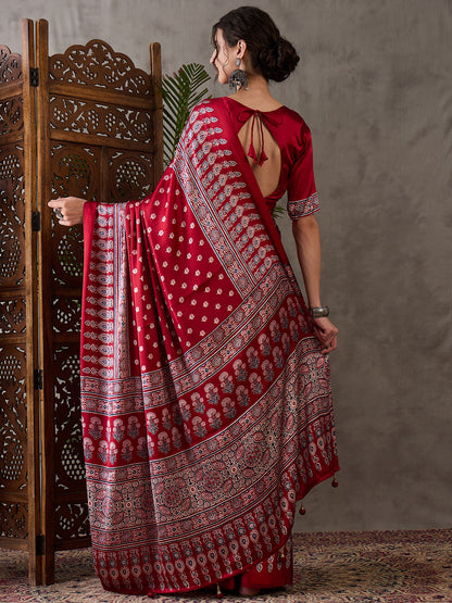 Red Pure Semi Modal Silk Floral Printed Saree 