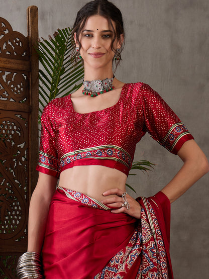 Red Pure Semi Modal Silk Floral Printed Saree 