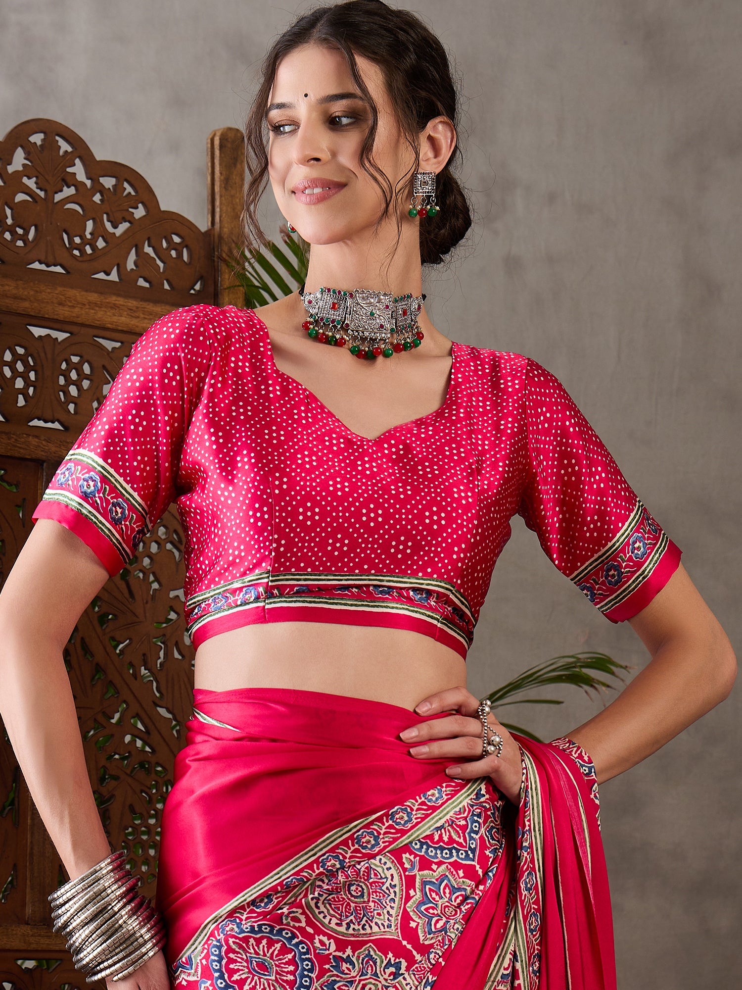 Pink Pure Semi Modal Silk Floral Printed Saree 