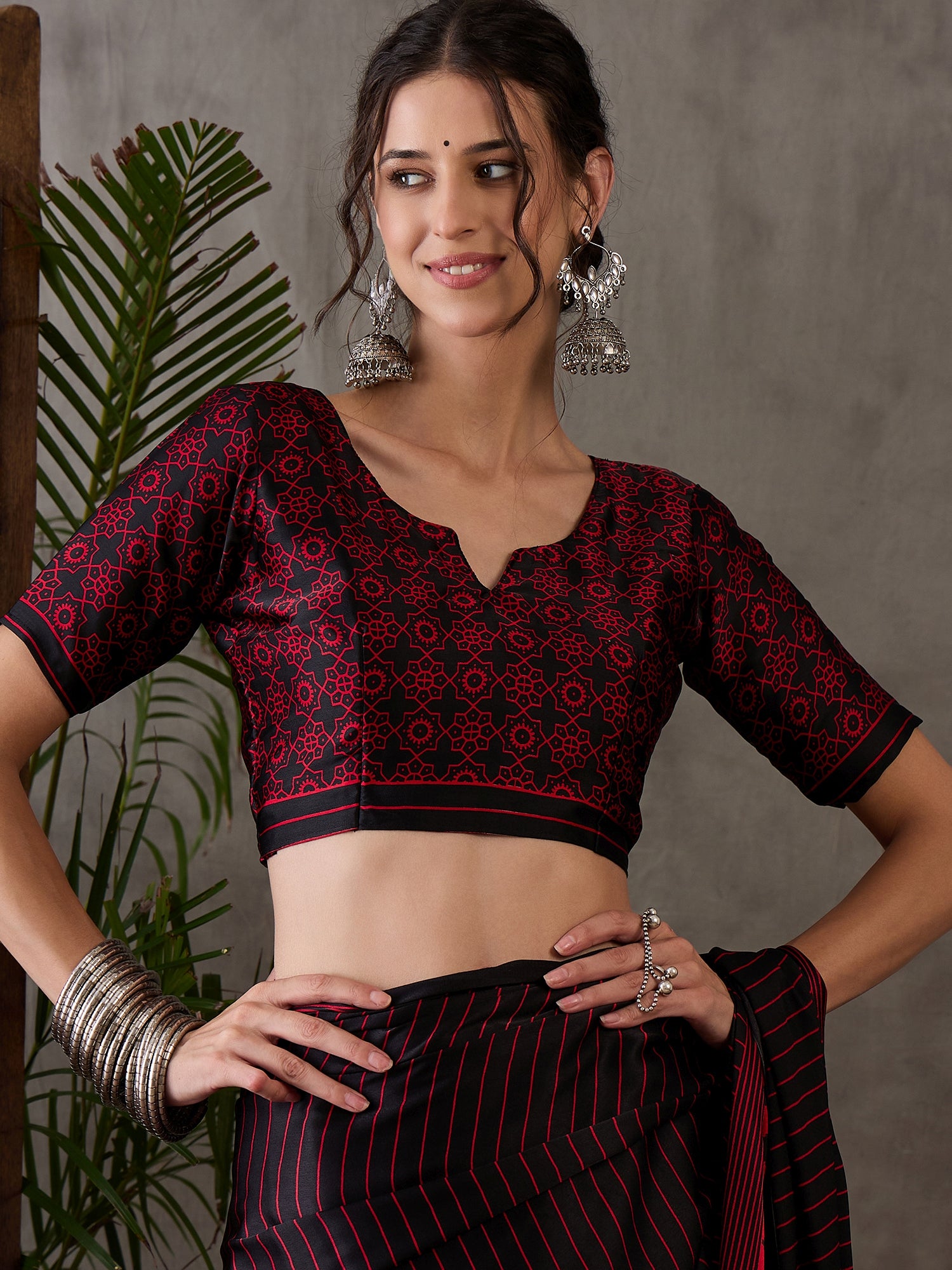 Black Pure Semi Modal Silk Ajarkh Printed Saree ##color## Floral Printed Saree with premium fabric and embroidery