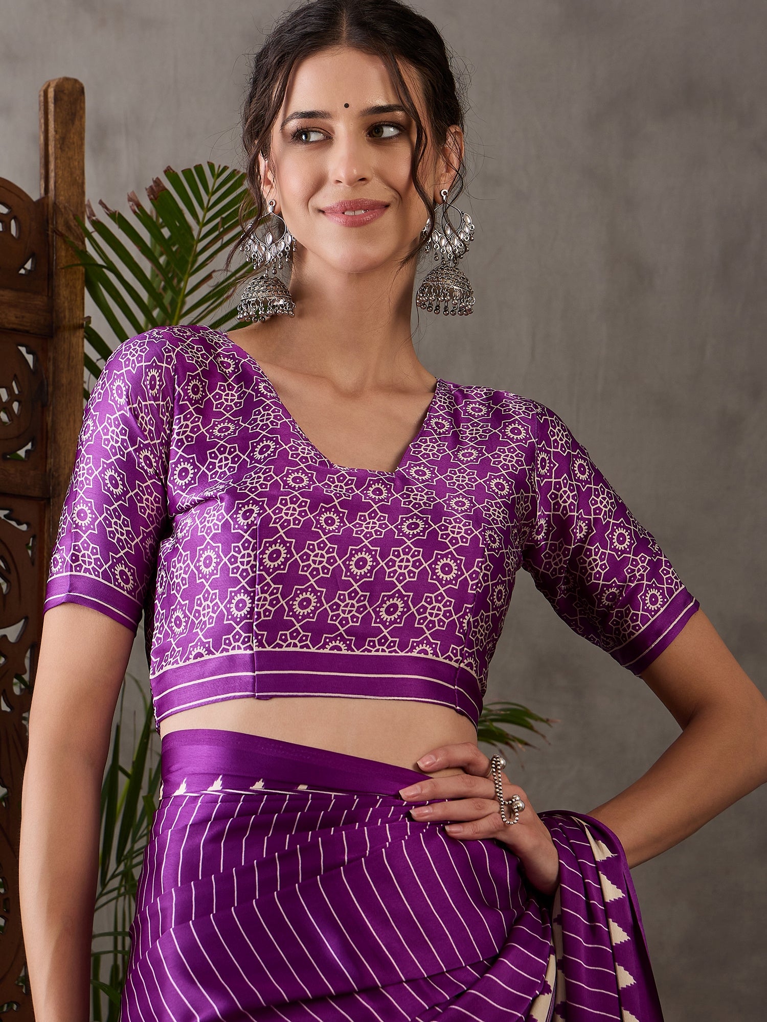 Purple Pure Semi Modal Silk Ajarkh Printed Saree ##color## Floral Printed Saree with premium fabric and embroidery