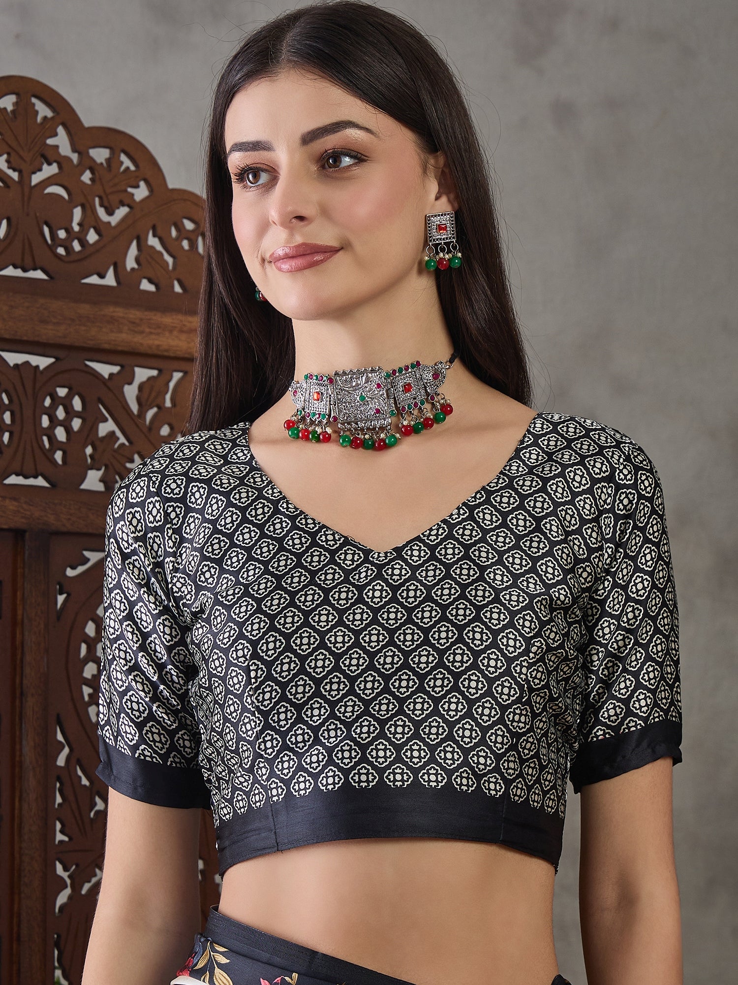 Black Pure Semi Modal Japan Silk Ajarkh Printed Saree 