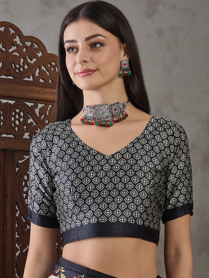 Black Pure Semi Modal Japan Silk Ajarkh Printed Saree 