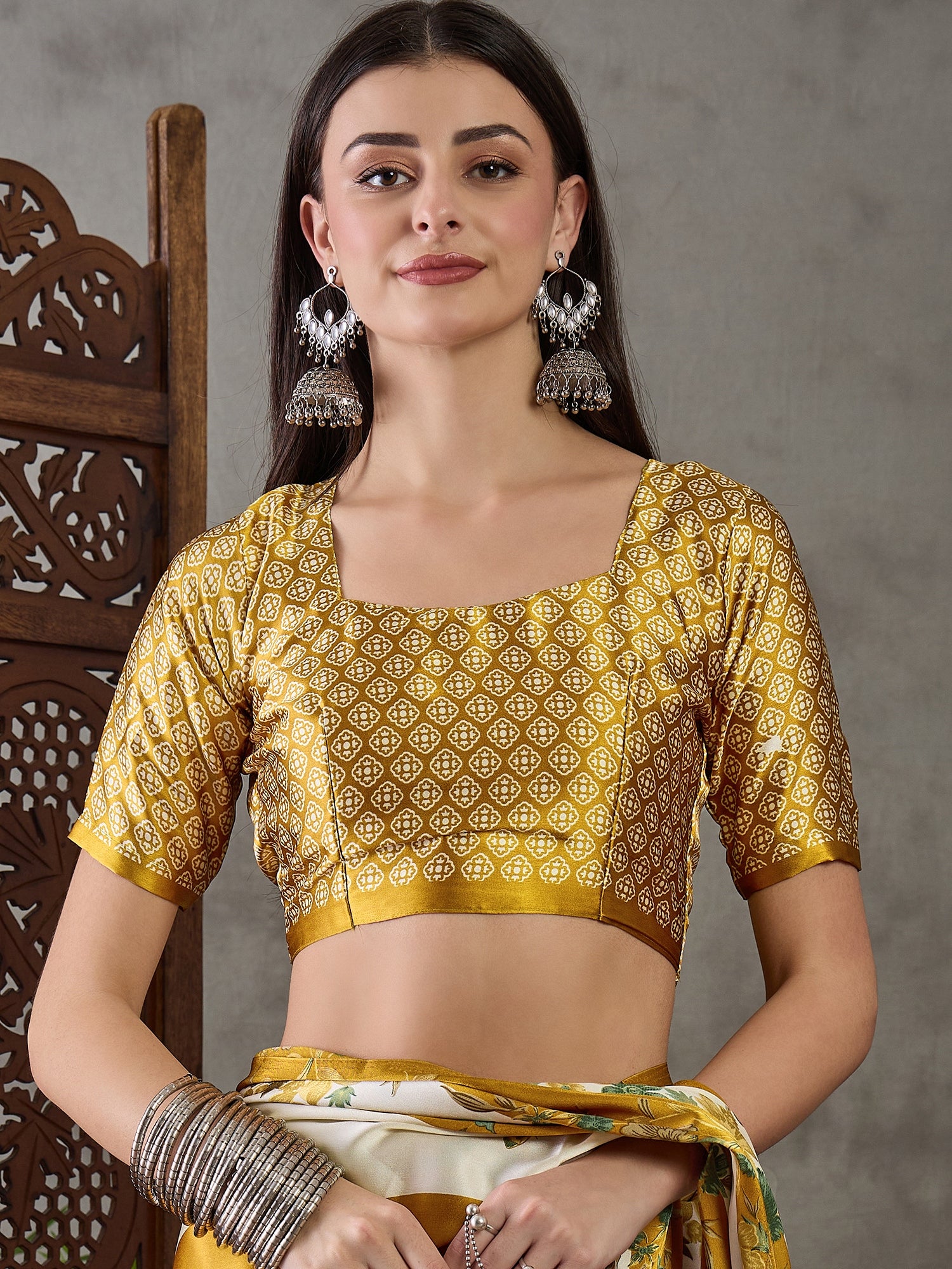 Yellow Pure Semi Modal Japan Silk Ajarkh Printed Saree 