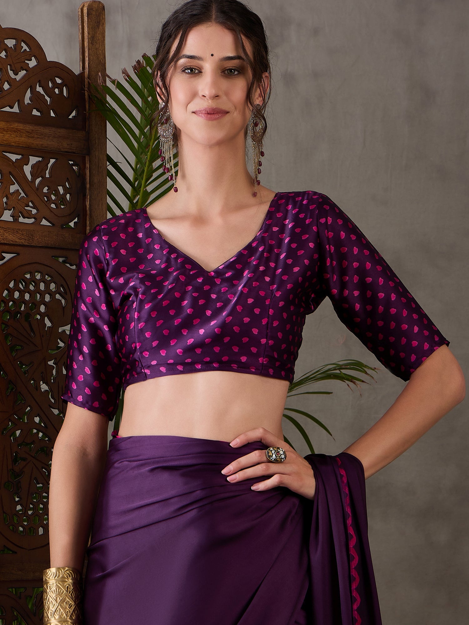 Purple Pure Semi Modal Japan Silk Ajarkh Printed Saree 
