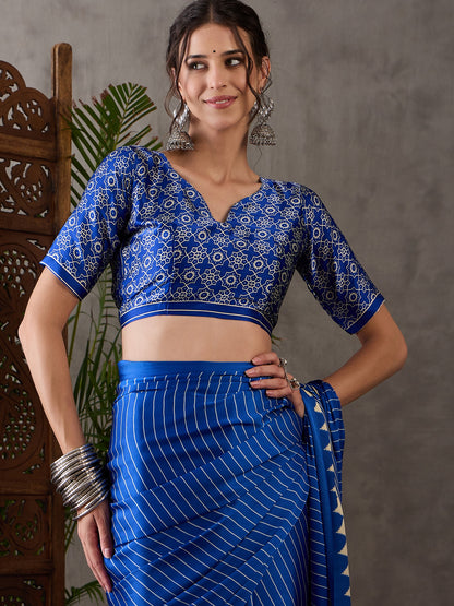 Blue Pure Semi Modal Silk Ajarkh Printed Saree 