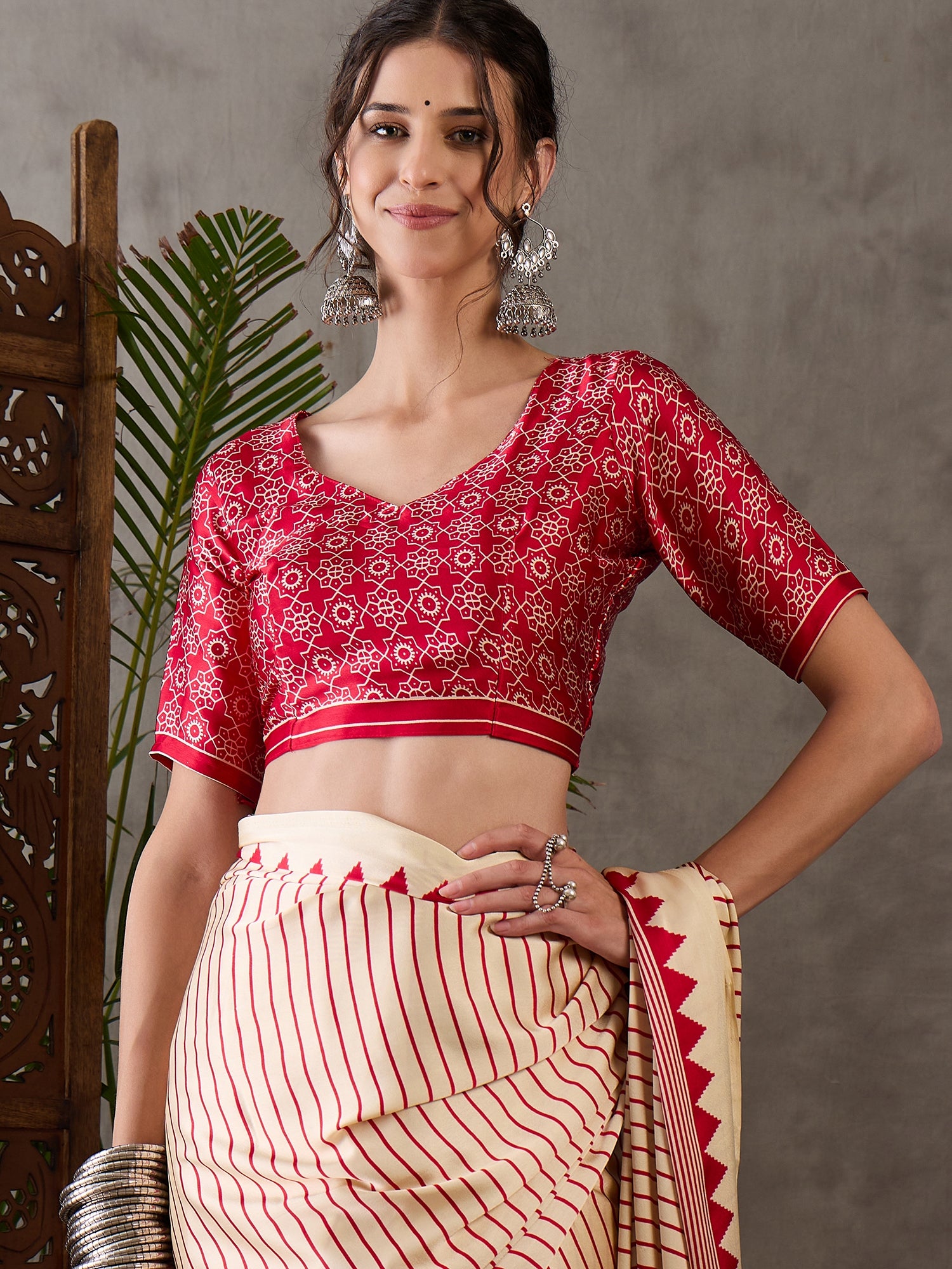 Cream Pure Semi Modal Silk Ajarkh Printed Saree ##color## Floral Printed Saree with premium fabric and embroidery