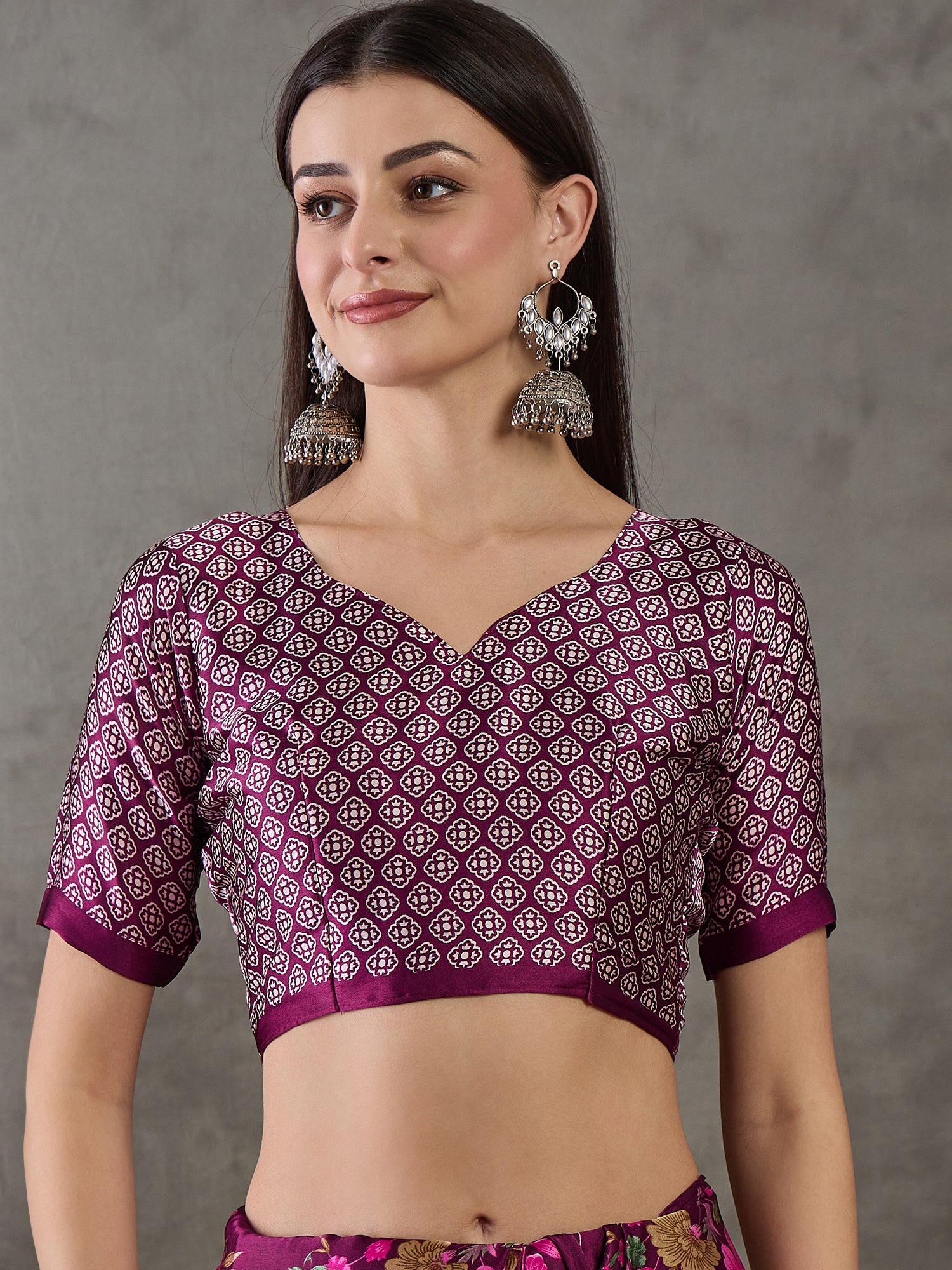 Purple Pure Semi Modal Japan Silk Ajarkh Printed Saree 