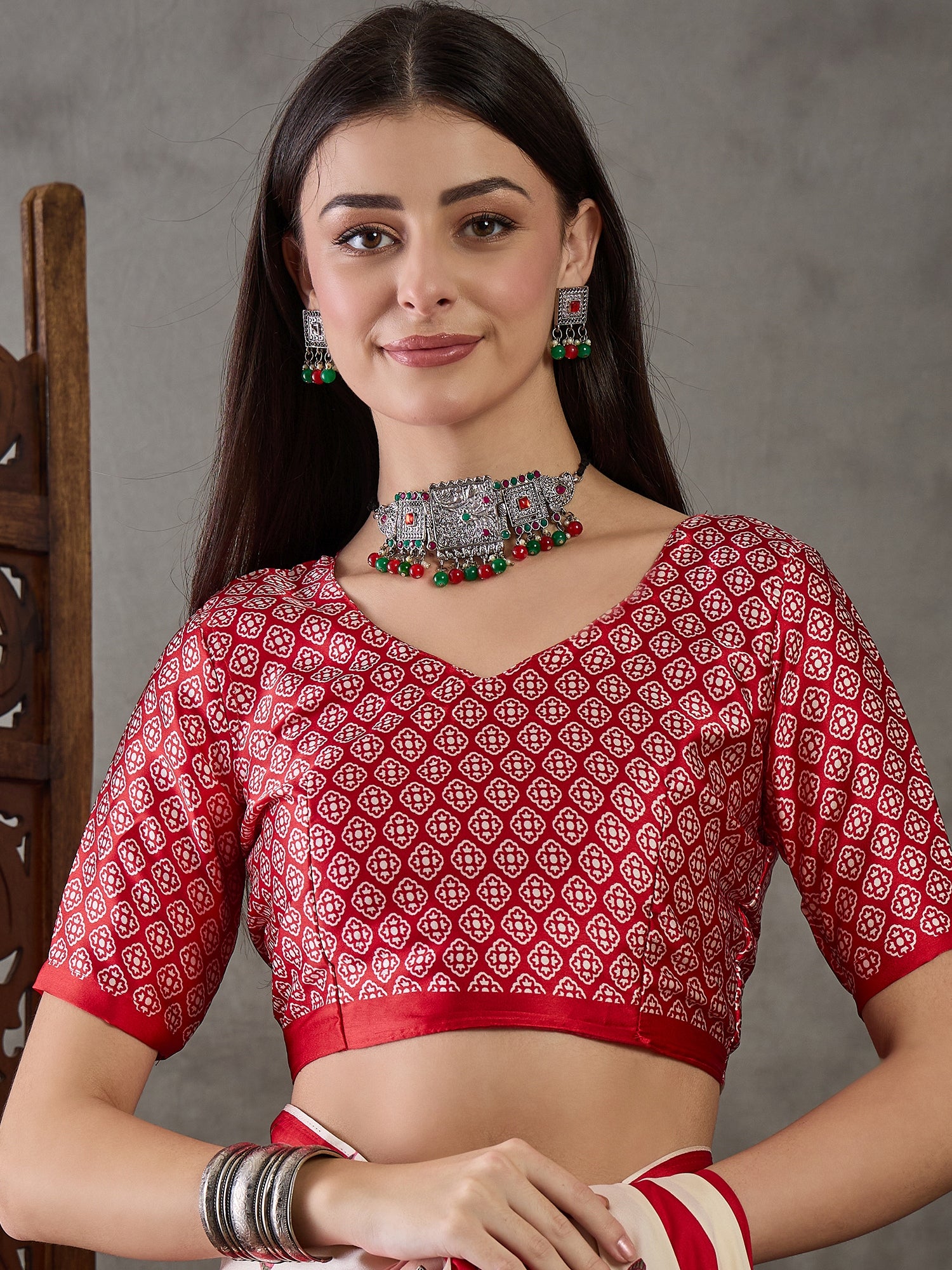 Red Pure Semi Modal Japan Silk Ajarkh Printed Saree 