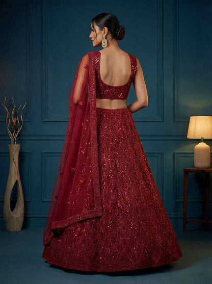 Red Pure Soft Net Heavy Embroidery Work Bridal Lehenga 