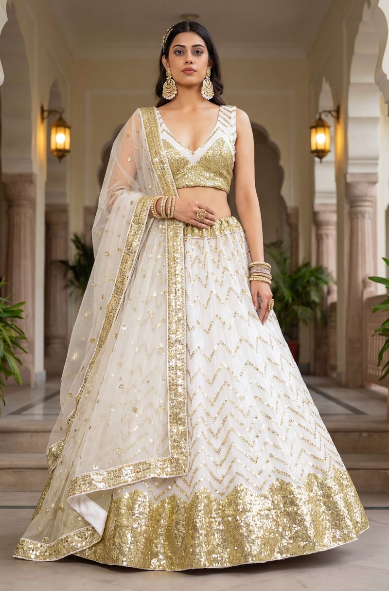 White Pure Soft Heavy Net Sequins Embroidery Work Bridal Lehenga 