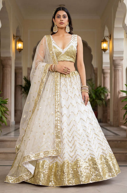White Pure Soft Heavy Net Sequins Embroidery Work Bridal Lehenga 