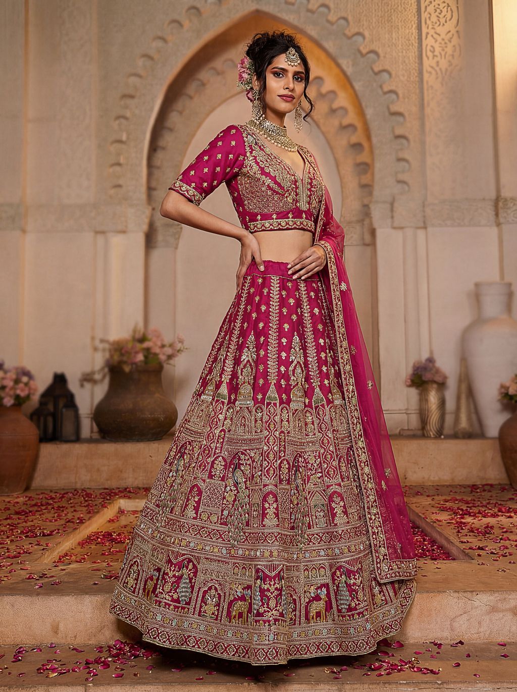 Rani Pink Pure Soft Silk Heavy Embroidery Work Bridal Lehenga 